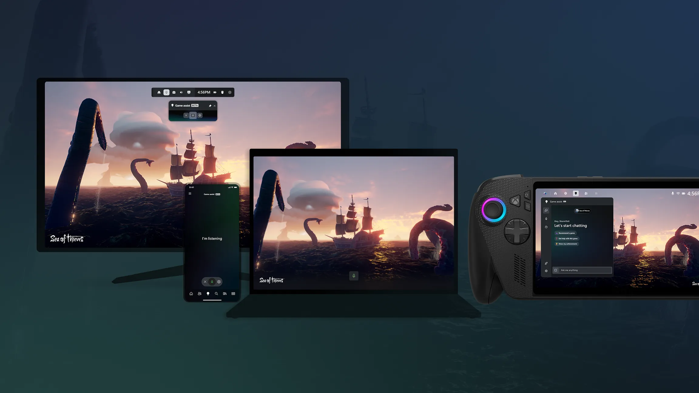 Game Assist shown across Xbox hardware — an ROG handheld, a laptop, a monitor, and a phone — with the Game Assist panel.