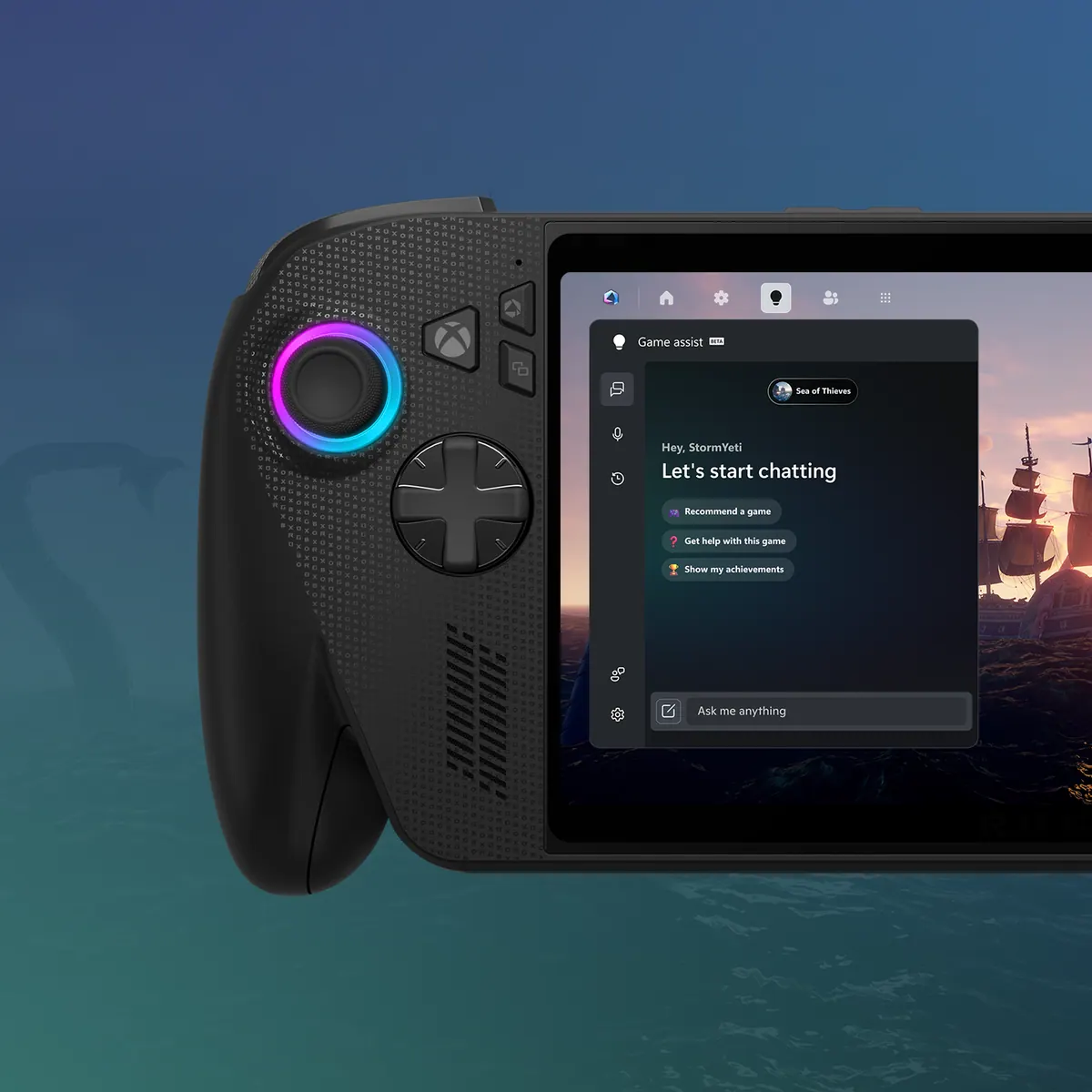 Game Assist on the ROG Ally handheld — the 'Let's start chatting' screen over a Sea of Thieves session.