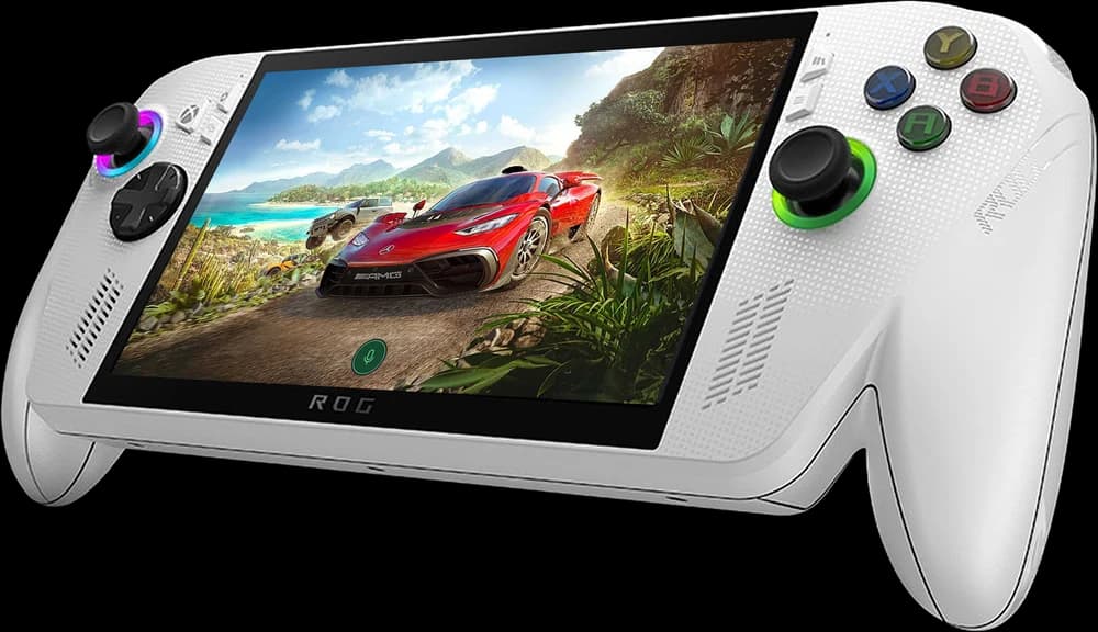 The white ROG Ally handheld running a game — one of the surfaces Game Assist supports.