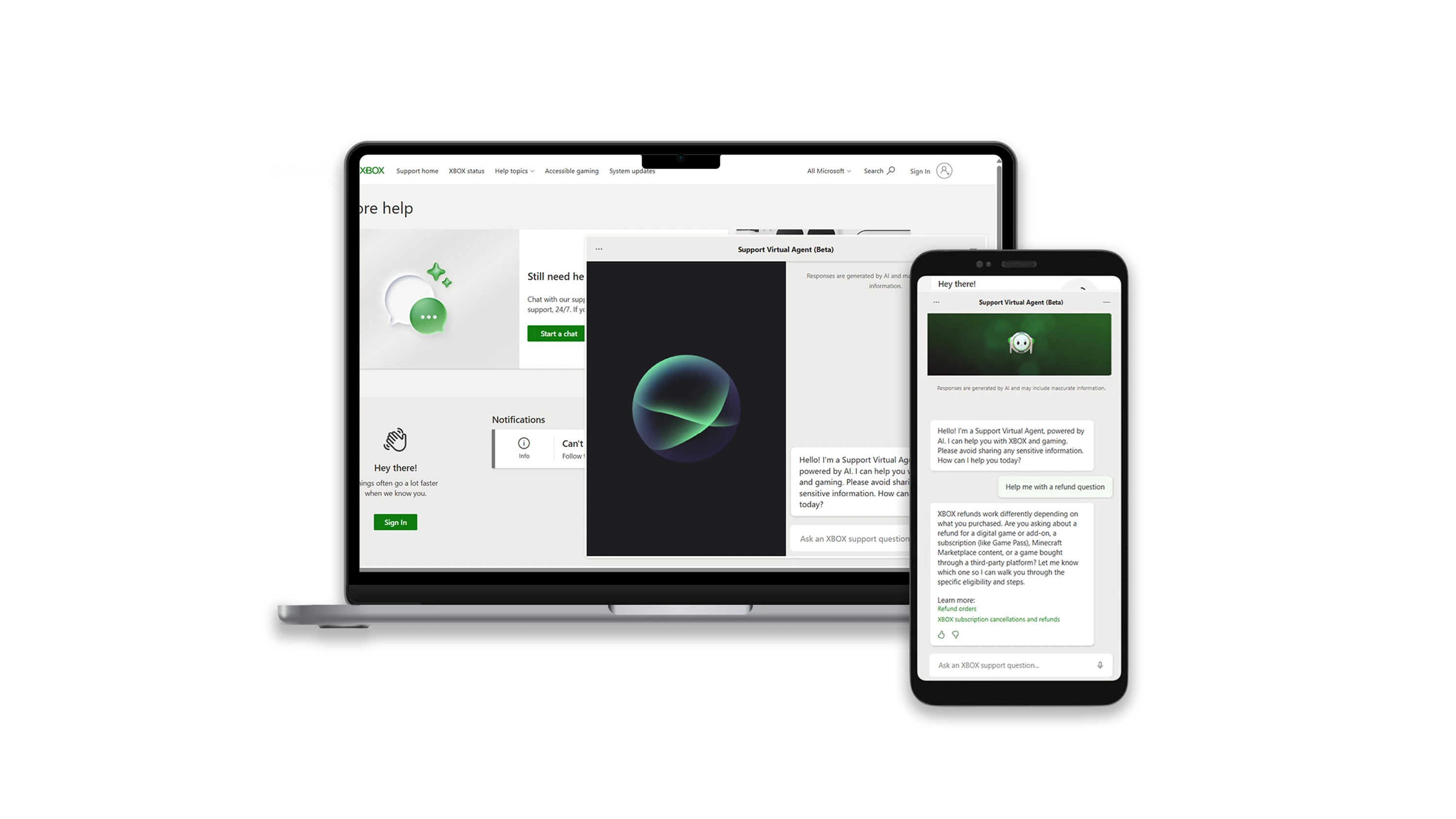 Support Virtual Agent shown on a laptop and phone