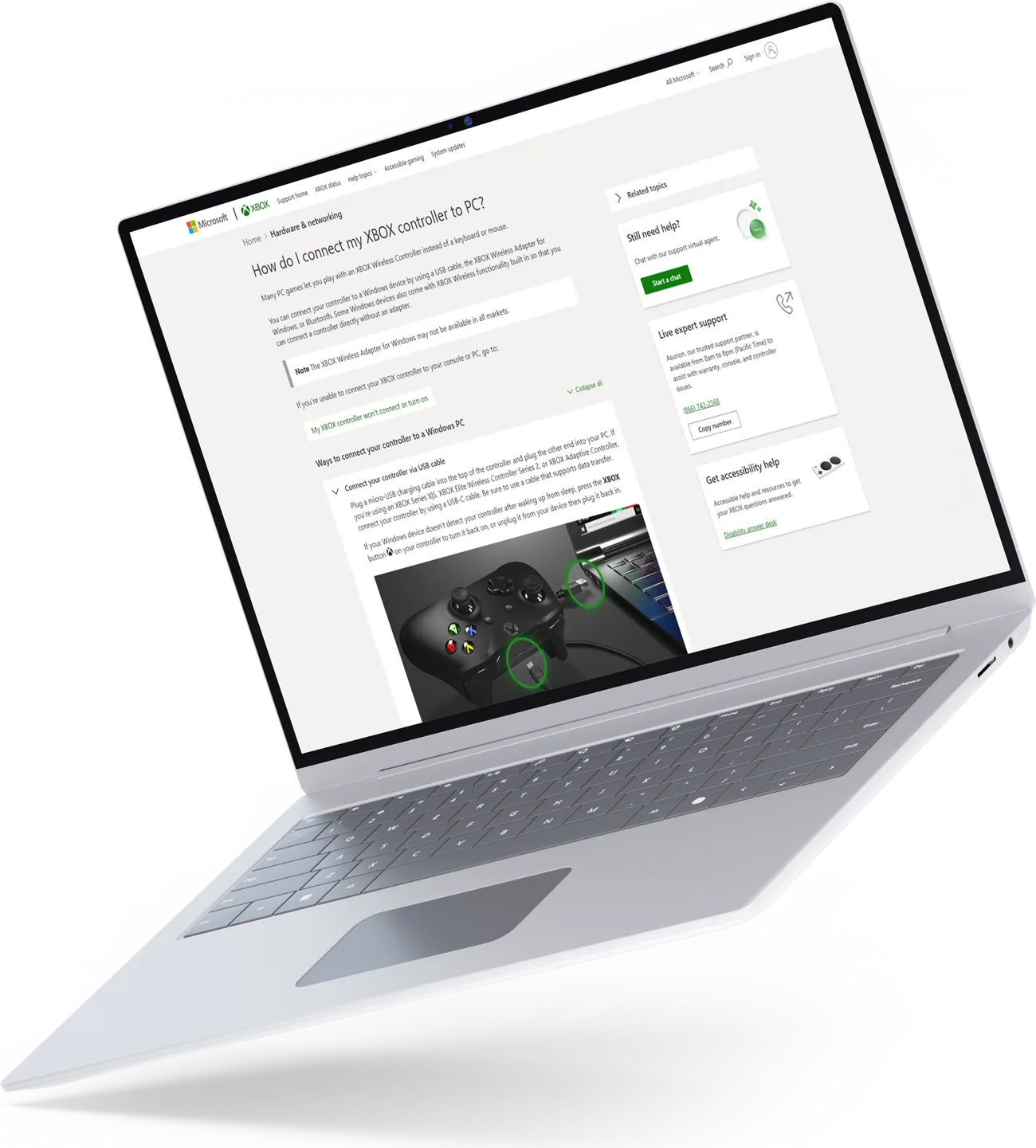 Floating Windows laptop showing the redesigned Xbox support experience.